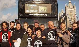 50 anti-war campaigner gathered on 23 January 2003 in London and travelled in a convoy of buses to Baghdad to stand there as human shields against the American invasion.