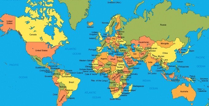 world map clearly shows the location of US