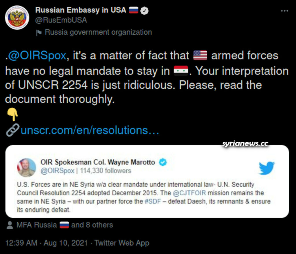 Russian Embassy in Washington Reminds US Spokesperson of UNSC Resolution 2254 - Syrian oil and wheat