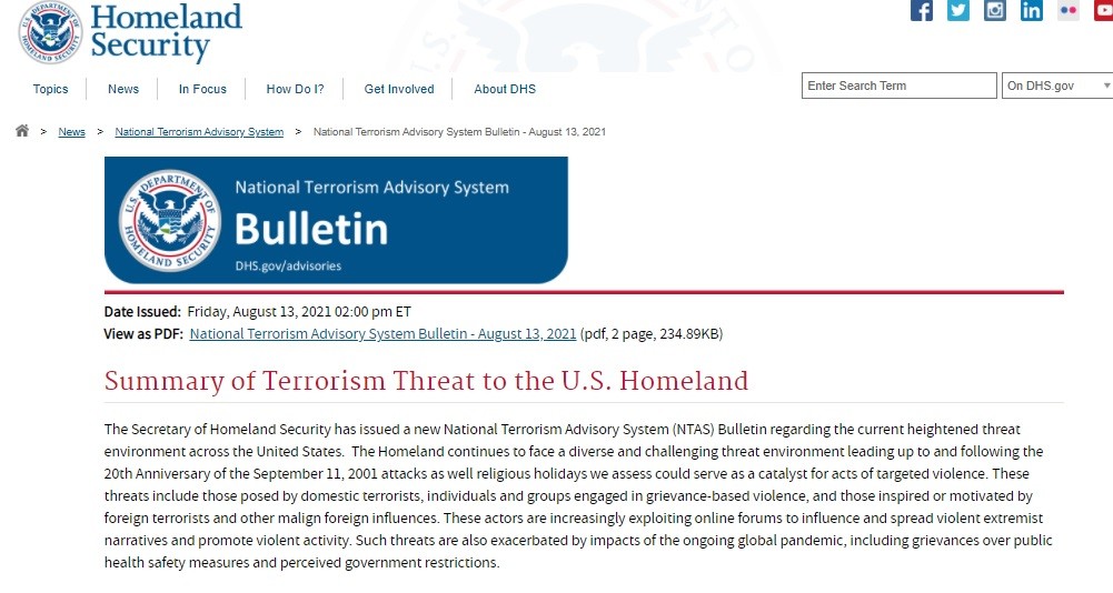 DHS issued strangely inclusive terror warning prior to the Taliban taking control of Kabul.  