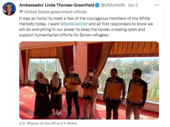 NATO supremacist UNSC Ambassador Thomas-Greenfield fondling a white helmet at the UN.