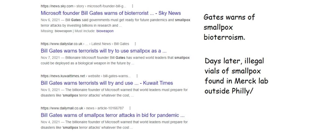 Days after Gates warns of smallpox terror attack, vials show up in a Merck lab unauthorized to have possession.