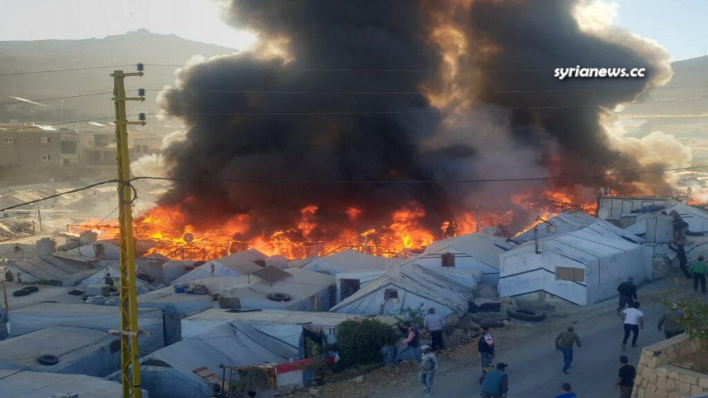 Syrian refugees camp in Arsal Lebanon on Fire