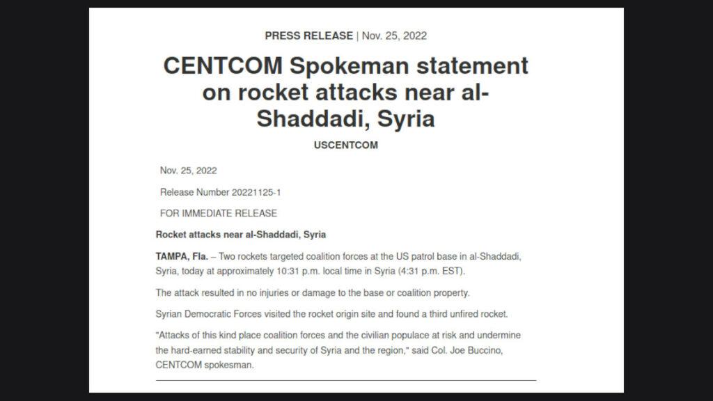 USCENTCOM statement US army base in Hasakah Syria bombed with rockets