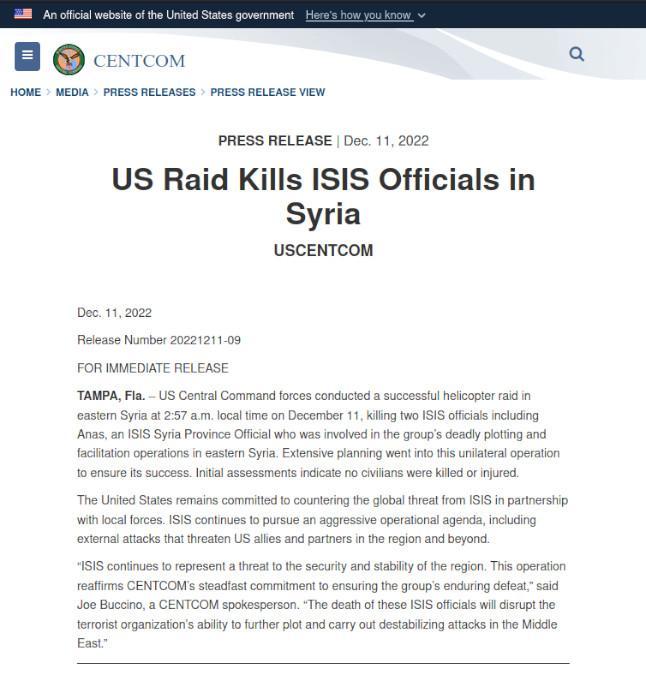 US Army USCENTCOM statement killing ISIS commander in helicopter raid in Syria