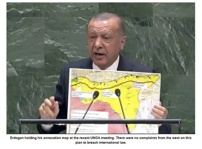 UNSC NATO klan on board with Erdogan annexation map of Syria shown at UNGA meeting.