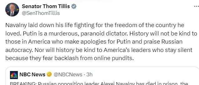 Sen Tillis weeps for Navalny