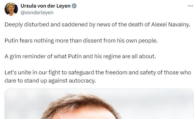 Non-elected von der Leyen rails against autocracy as she mourns Navalny. 