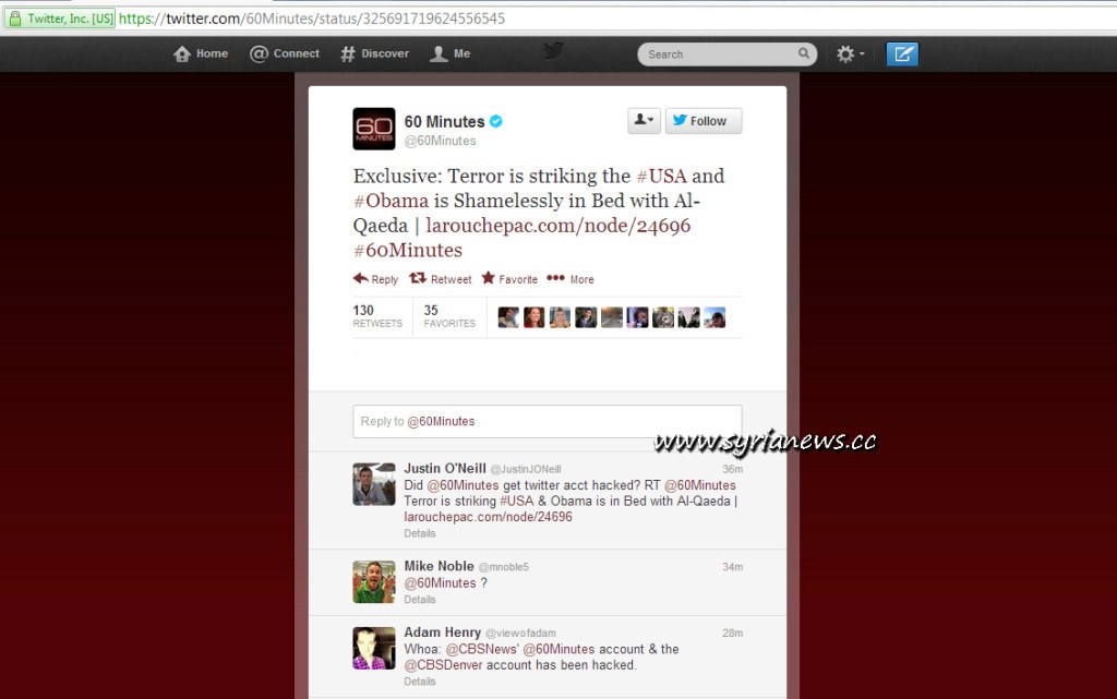 Tweet on 60 Minutes account claimed to be by hackers from SEA
