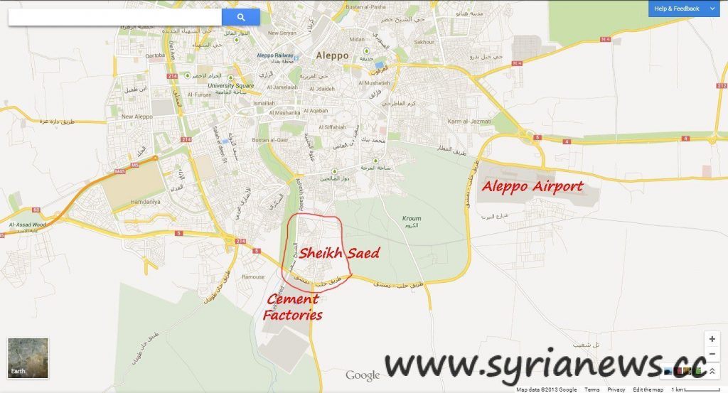 Aleppo southern countryside map showing Aleppo International Airport, Cement factories & Sheikh Saed area