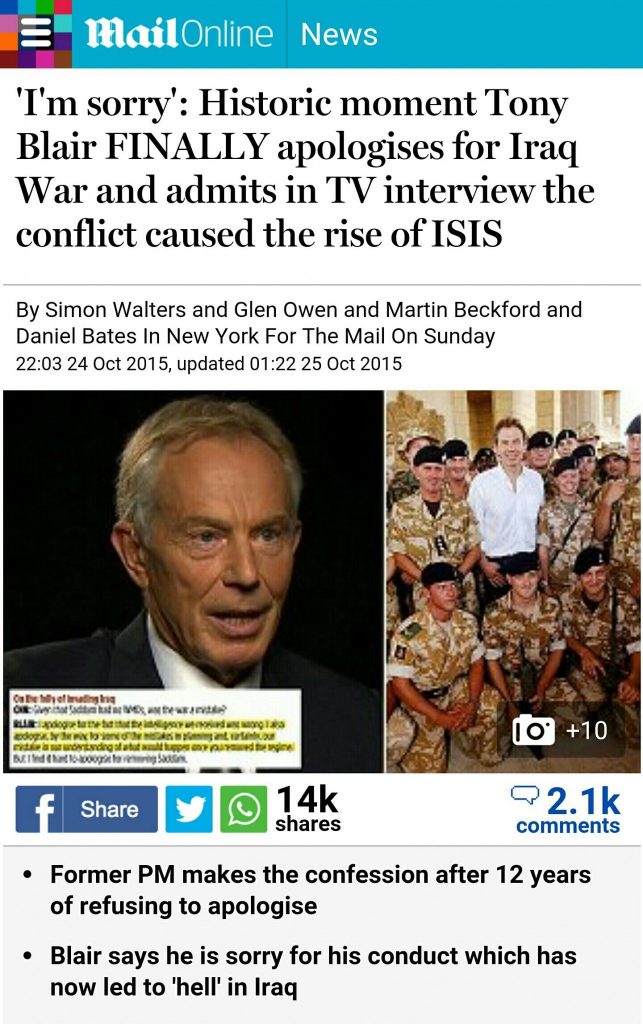 Ton your Blair apologizes for his crimes in Iraq war