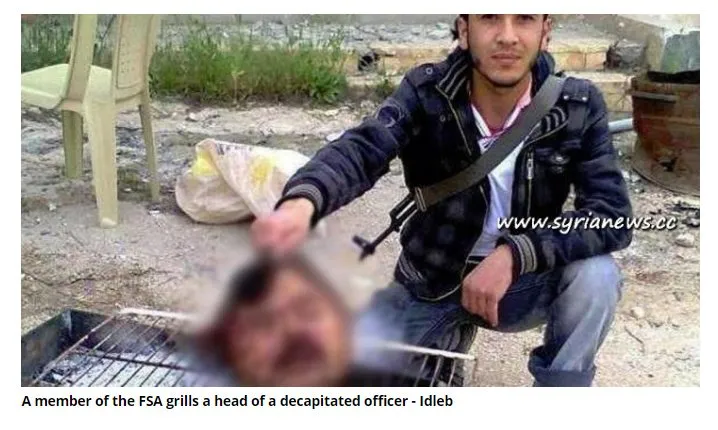Idlib 2013. The FSA terrorist grilled the severed head of a Syrian soldier. What degenerate normalizes such atrocities?