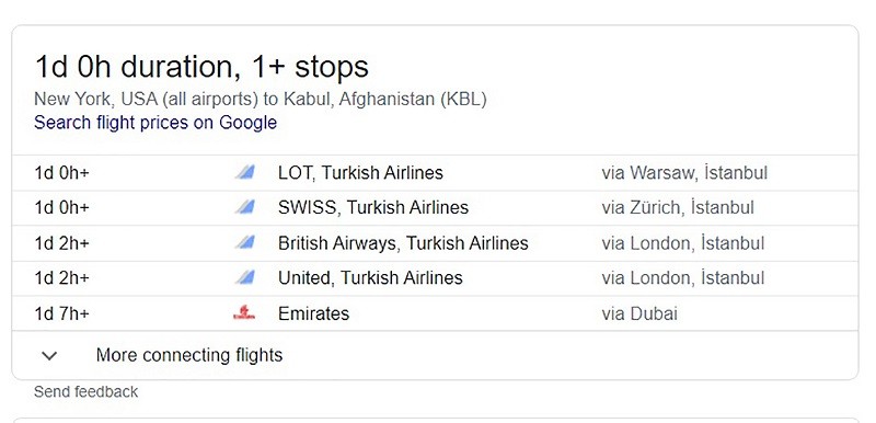 New York to Kabul flight - google search
