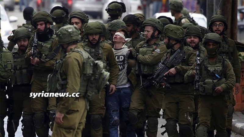 Large herd of heavily armed Israel IDF soldiers kidnap one Pales
