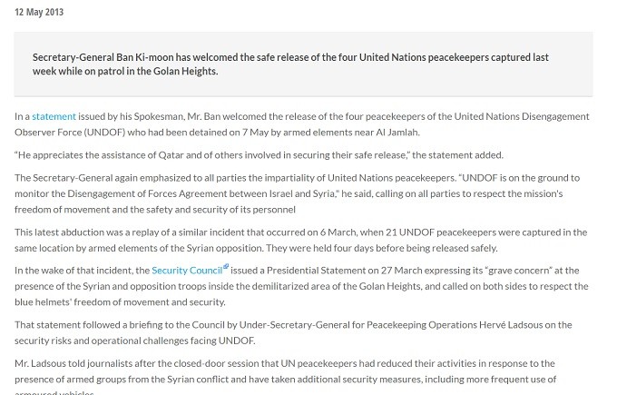 UN former Secretary-General Ban Ki-Moon thanks the abductors of the UNDOF in the Golan