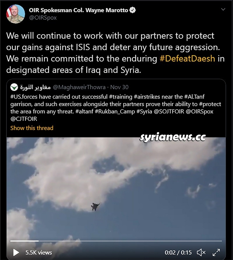 US army officer tweet about military drill with ISIS in southeast of Syria