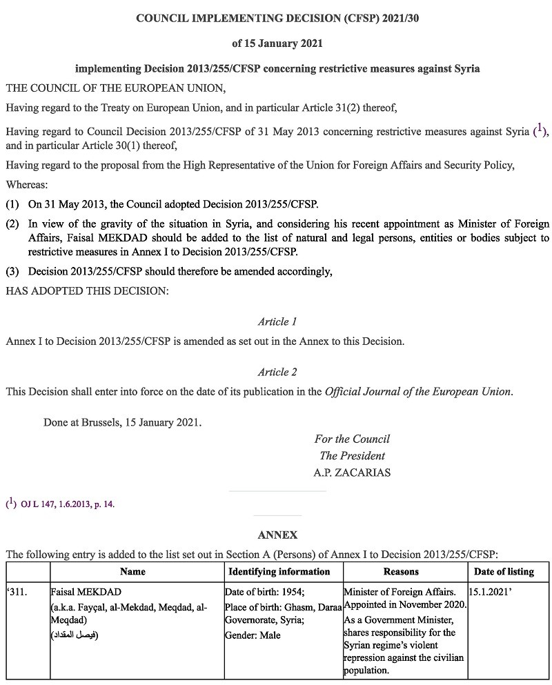EU sanctions on Syrian Foreign Minister Mikdad