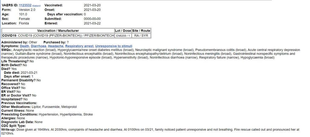 VAERS death in 101 yr old with significant PMH.