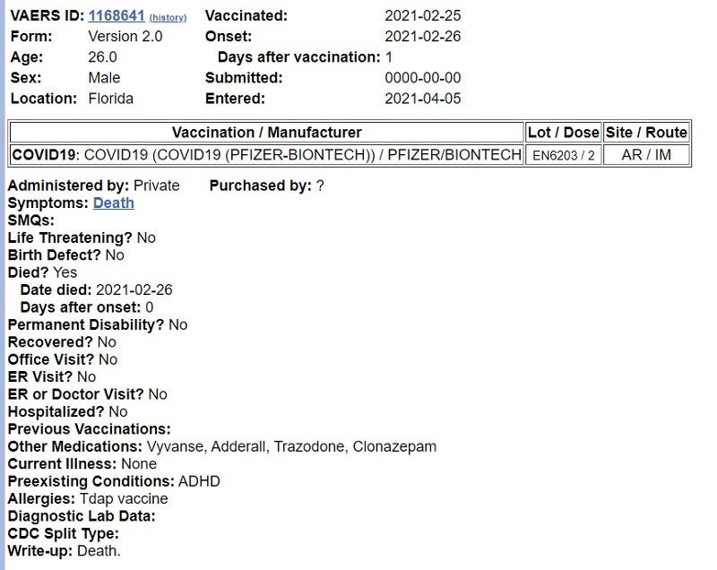 26 year old VAERS death