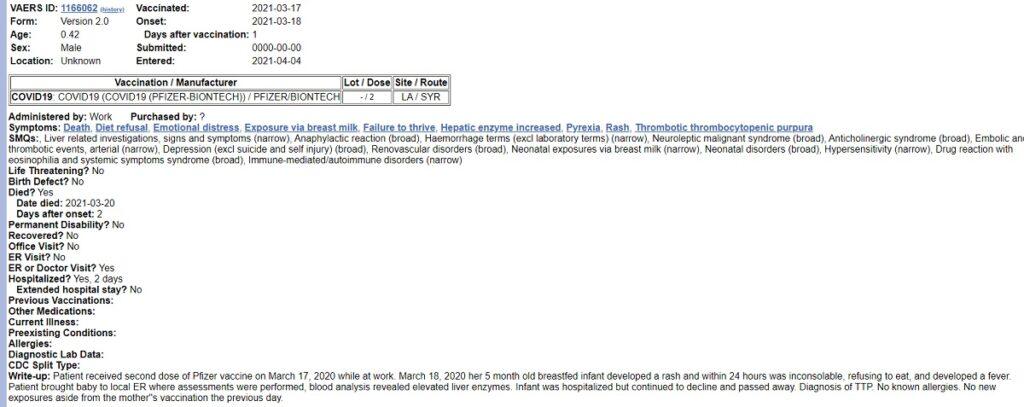 Youngest VAERS death data was breastfed 5 month old