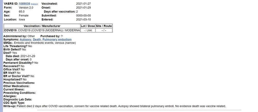 Massive pulmonary clots are another VAERS coincidence.