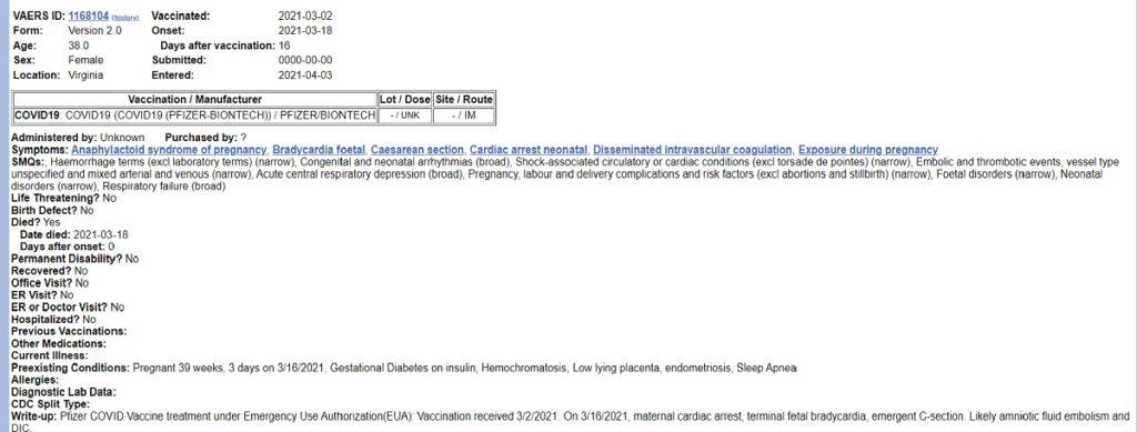 VAERS maternal & 39 week fetus deaths.