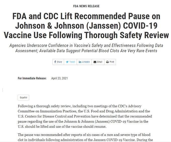 Janssen on 10 pause over VAERS data.