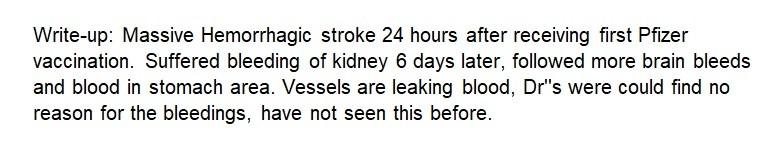 From VAERS mandatory: hemorrhagic stroke, kidney bleed pre-mortem.