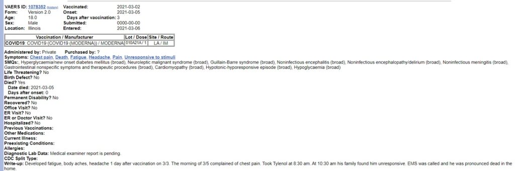 VAERS death of 18 year old boy.