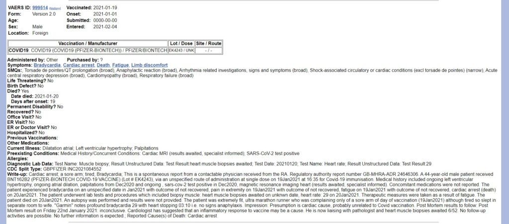 VAERS death in 44 year old athlete