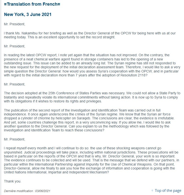 French ambassador whined his lies to the OPCW.