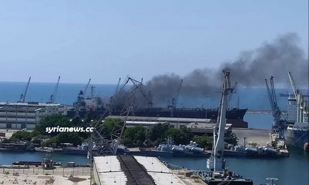 Merchant ship caught fire at Latakia Port - Syria