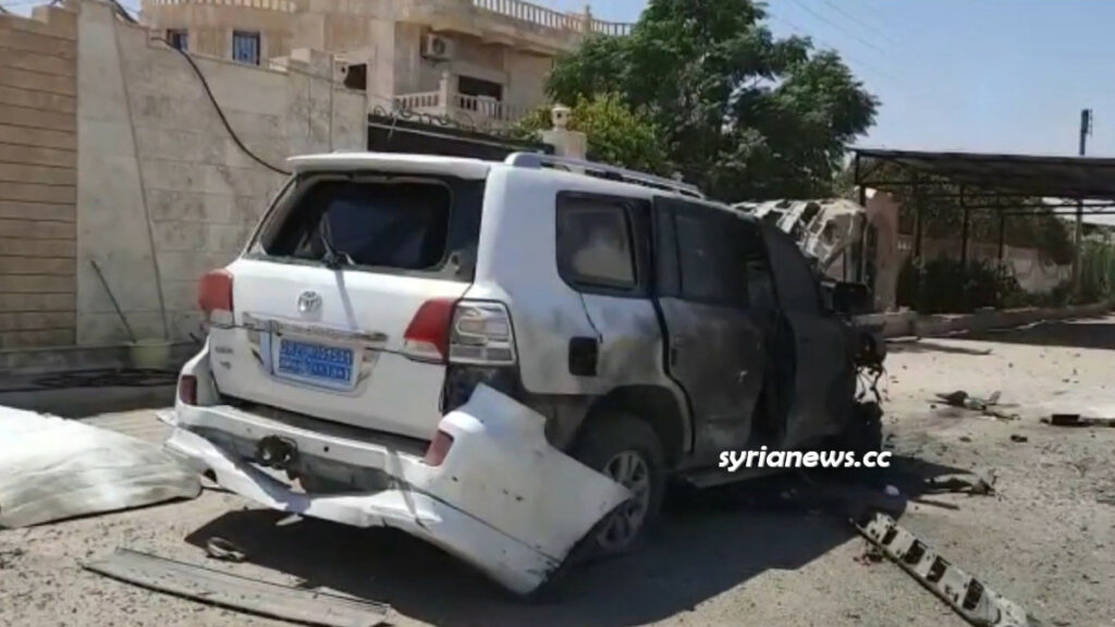 NATO Turkish drone bombs a NATO Kurdish SDF vehicle in Heemo near Qamishli in Hasakah Syria