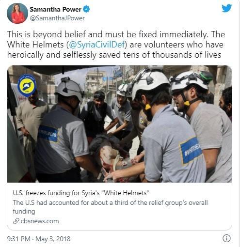 Ex-UNSC member Power needed smelling salts when Trump threatened to cut funding to al Qaeda White Helmets.