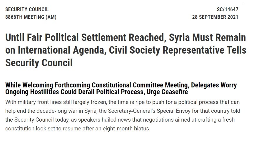UNSC held its monthly anti-Syria meeting 28 September 2021.