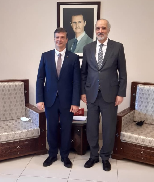 Venezuela's Ambassador Biomorgi with Syria's Deputy FM Jaafari, in a recent photograph.