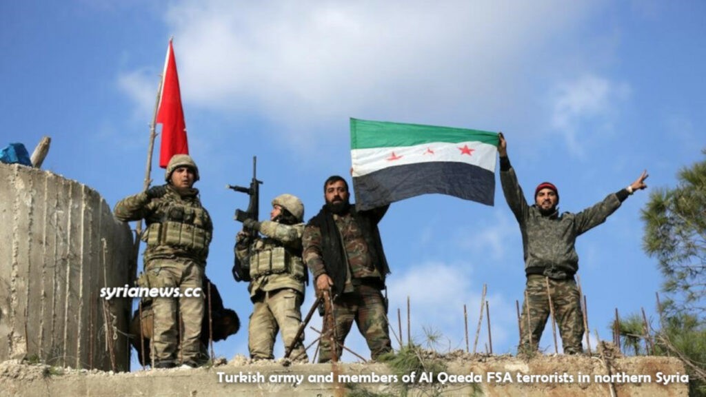 Turkish army soldier and members of Al Qaeda FSA terrorists in northern Syria
