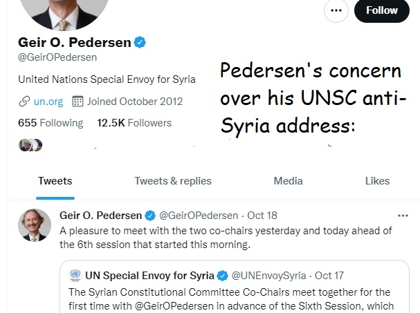 Pedersen so concerned about ''grim' humanitarian situation" in Syria that he managed to forget to tweet about his statement to the UNSC.