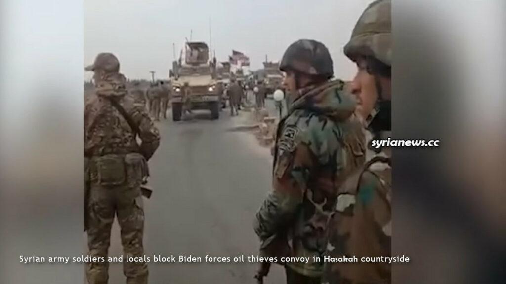 Syrian Army soldiers and local Syrians block the road in front of Biden forces US army oil thieves Hasakah