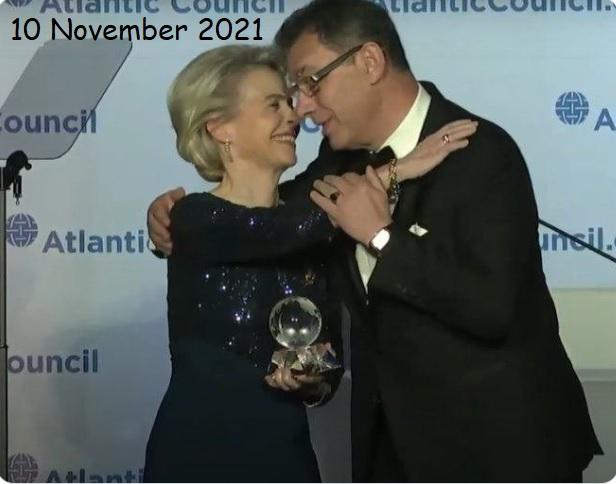 Leyden almost swapping spit c Bourla at NATO propaganda tax-deductible Atlantic Council. Think tank pimps for al Qaeda in Syria.