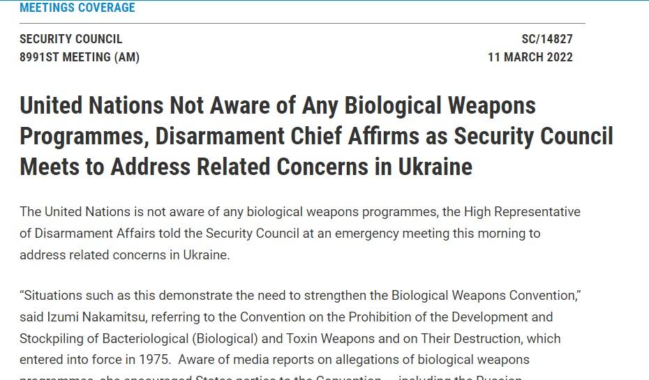The UN isn't aware of any biological weapons programs in Ukraine.