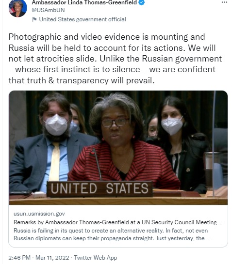 Thomas-Greenfield lied about Ukraine, lied about Russia, lied about Syria at 11 March UNSC meeting.
