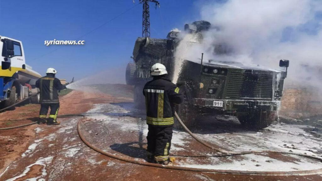 Syrian army destroys Turkish military armored vehicle in Al Atarib southwest of Aleppo - الجيش العربي السوري يدمر عربة مصفحة للجيش التركي في اﻷتارب جنوب غربي حلب
