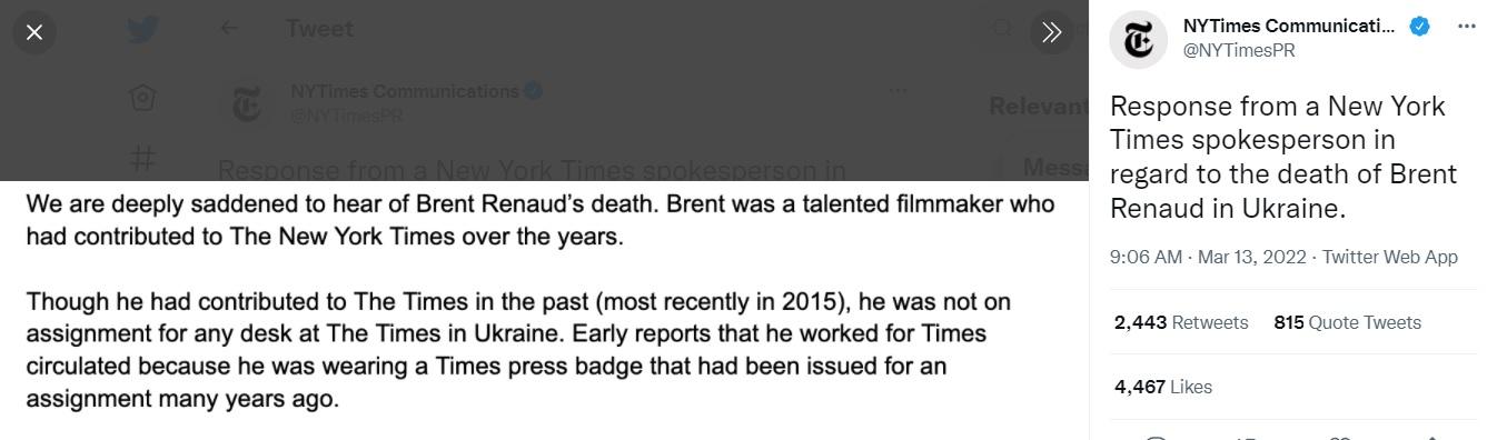 Journalist reported killed in Ukraine did not work for NYT.