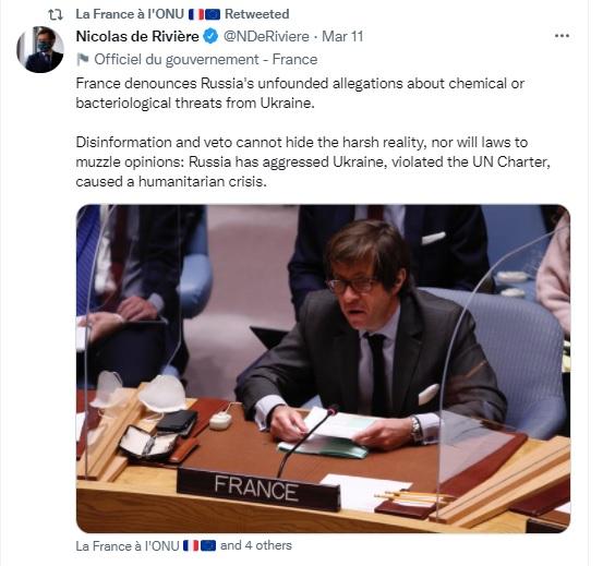 Vichy diplomat Nicolas de Rivi&egrave;re regurgitated American lies against Russia's concern over military biological laboratories in Ukraine.