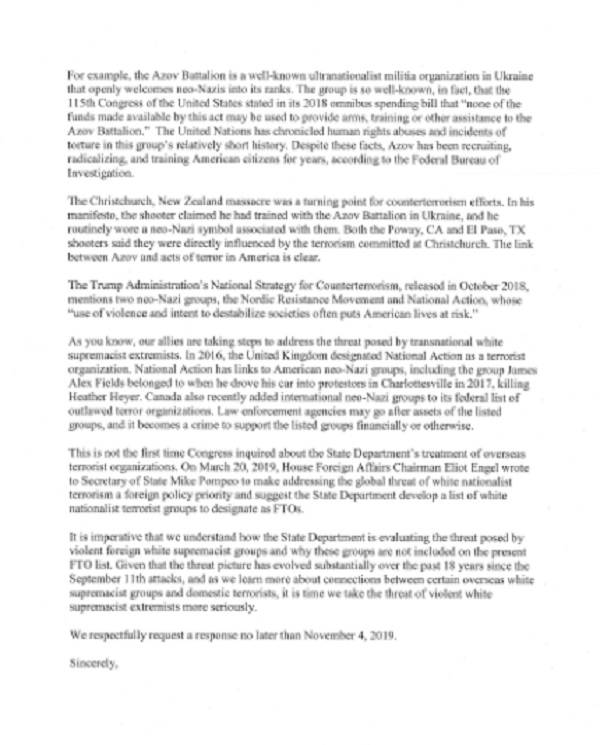 House Democrats wrote to State Dept asking Ukraine Nazi Azov be put on the US terrorist list.