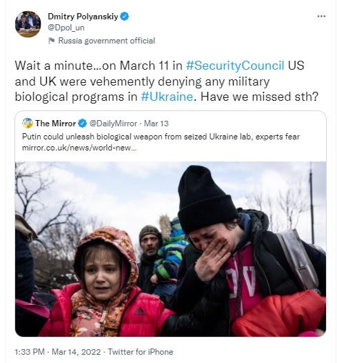 Diplomat Polyanskiy marveled at UNSC claim of no military bio labs in Ukraine, despite the terror that 
