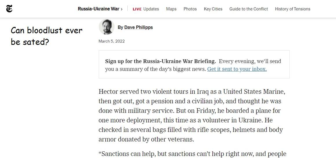 American story of a man driven by altruism to go to battle in Ukraine. Really.