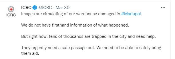 ICRC has no firsthand information about its damaged warehouse in Mariupol [DPR].