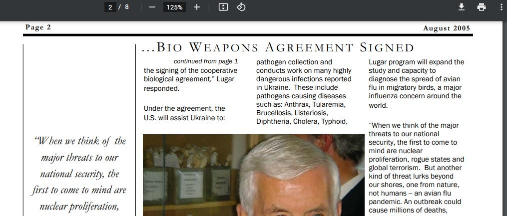 Nunn-Lugar bio-weapon agreement signed in Ukraine, 2005.